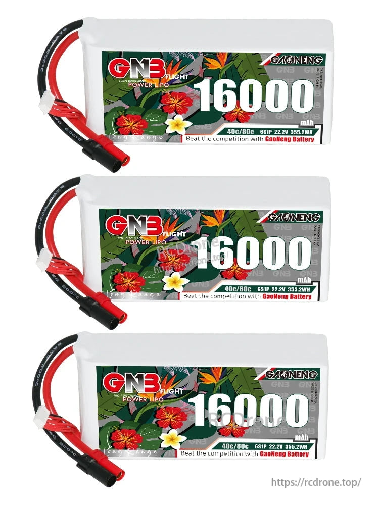 Three GAONENG GNB 16000mAh LiPo batteries front label view stacked vertically with XT150 leads