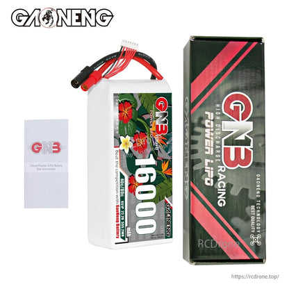 Package contents: GAONENG GNB 16000mAh LiPo battery, retail box, and instruction leaflet