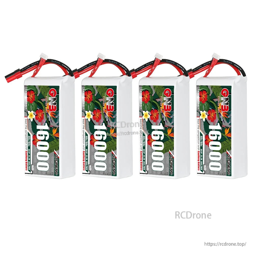 Four GAONENG GNB 16000mAh LiPo batteries angled upright view showing labels and XT150 leads