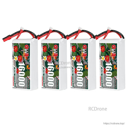 Four GAONENG GNB 16000mAh LiPo batteries angled upright view showing labels and XT150 leads