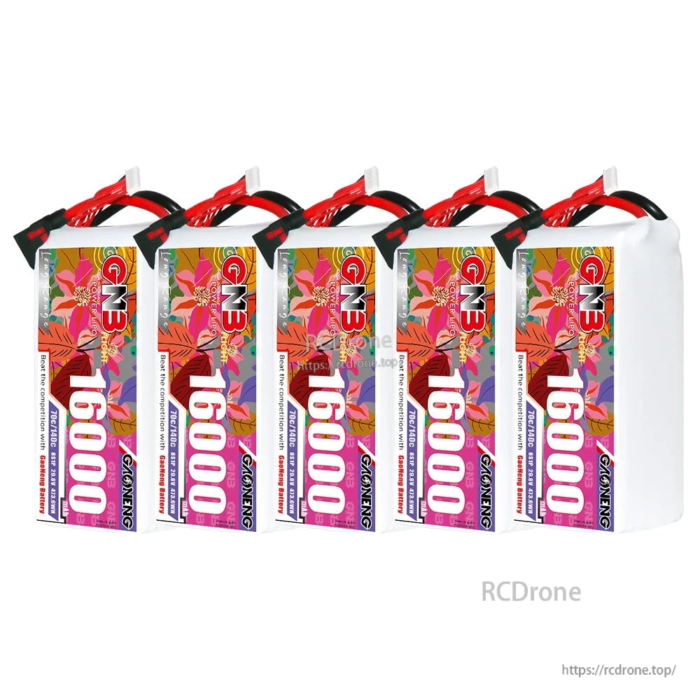 Five GNB 16000mAh battery packs lined up side by side with labels facing forward
