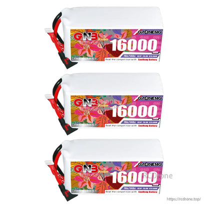 Three GNB 16000mAh battery packs stacked horizontally, label side visible