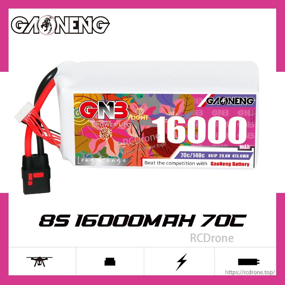 GAONENG GNB160008S70A 8S 16000mAh 70C LiPo battery pack front label with QS8 connector