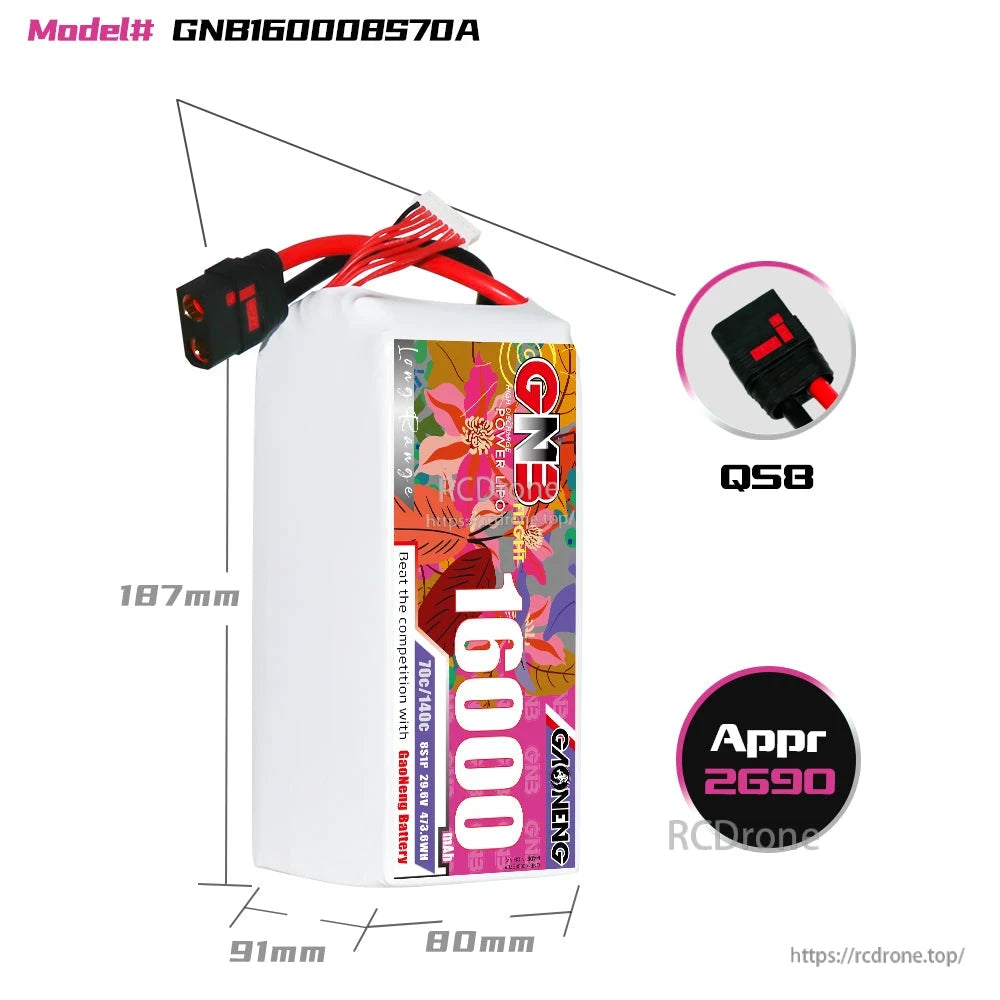 Battery dimensions diagram for GNB160008S70A showing approx. 187×91×80mm and QS8 plug