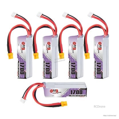 Five GNB 1700 batteries shown together, four upright and one lying flat to show top label