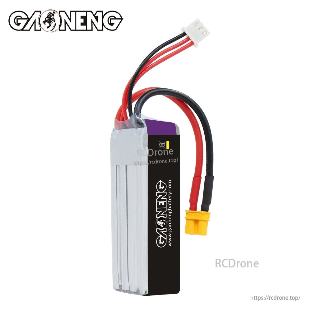 Rear/side view of GAONENG battery showing black end panel and wiring with XT30 connector