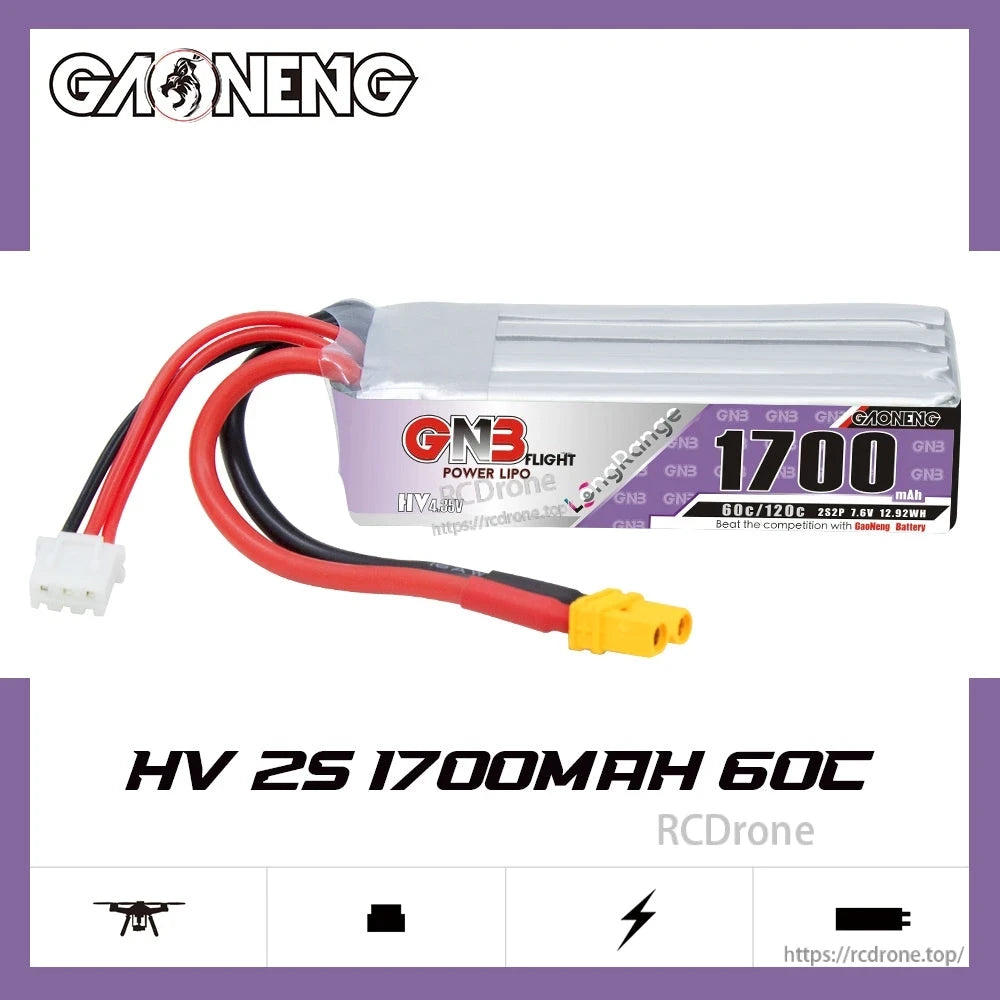 GAONENG GNB HV 2S 1700mAh 60C battery promo graphic with product shown on white background