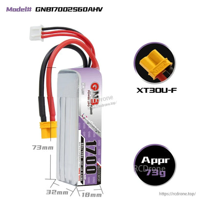 GNB17002S60AHV battery dimensions diagram with XT30U-F connector close-up and approx 73g weight