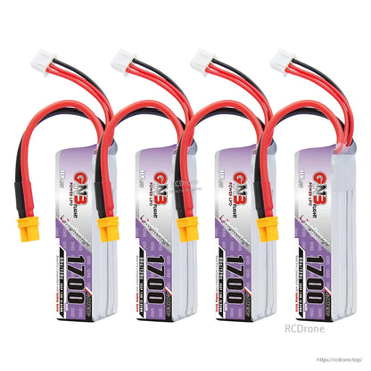 Four GNB 1700 LiHV batteries shown upright in a row with XT30 leads and balance plugs