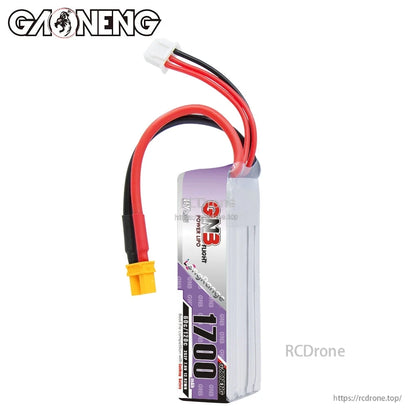 Front label view of GNB 1700 LiHV battery showing purple 1700mAh wrap and wire exit from top