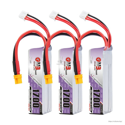 Three-pack display of GNB 1700 LiHV batteries with XT30 connectors and white balance plugs