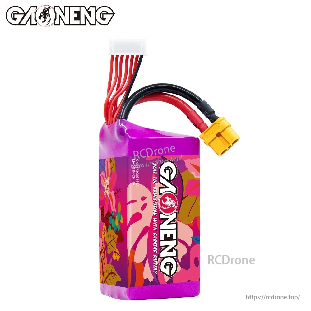 Side view of GAONENG GNB LiPo battery showing GAONENG logo wrap and XT60 power lead