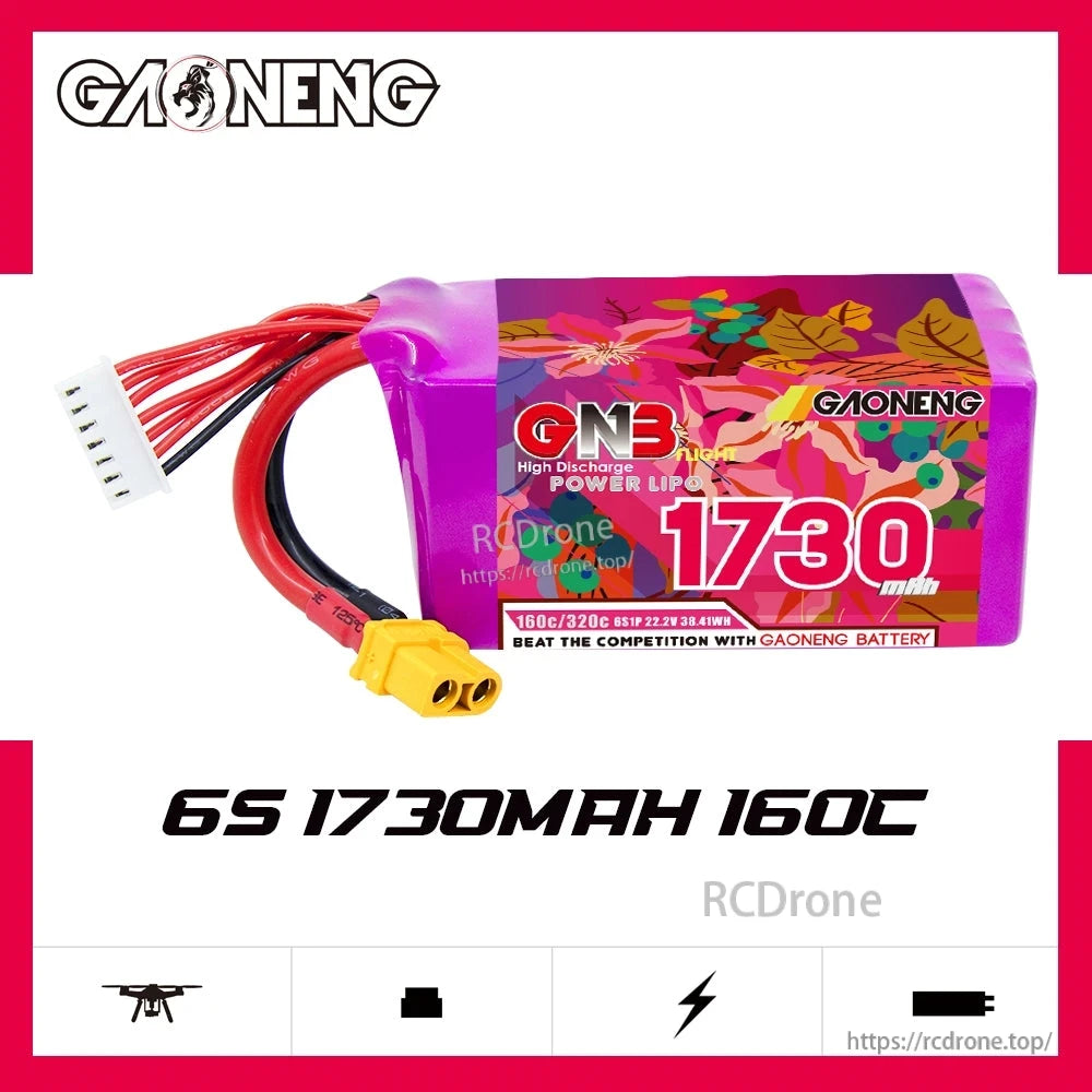 GAONENG GNB 6S 1730mAh 160C battery graphic showing side profile with XT60 lead