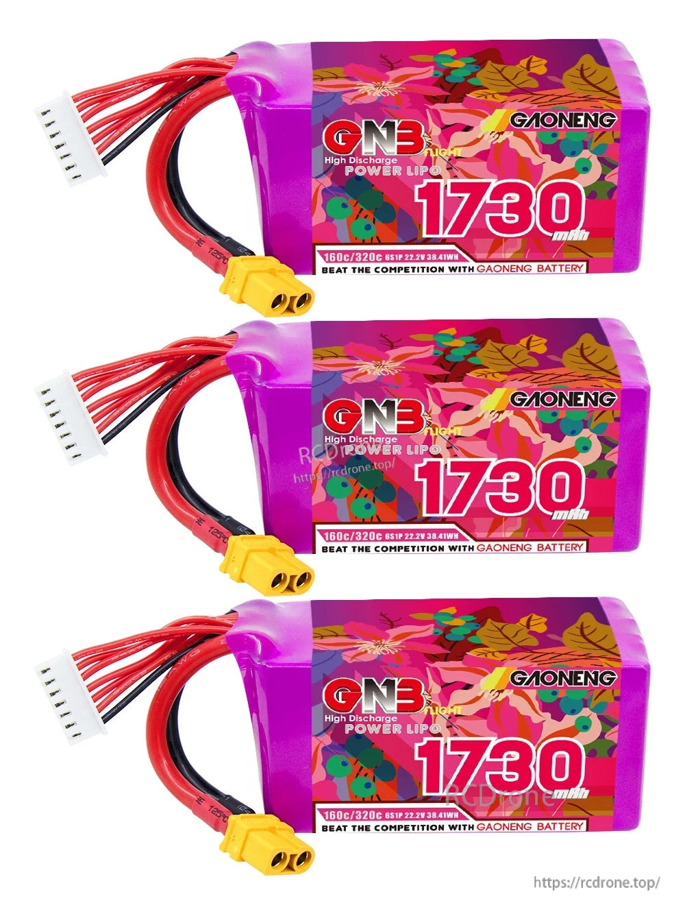 Three-pack lineup of GAONENG GNB 1730mAh batteries with XT60 connectors and balance leads