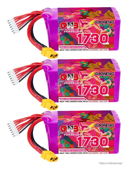 Three-pack lineup of GAONENG GNB 1730mAh batteries with XT60 connectors and balance leads