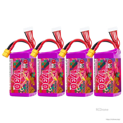 Four GAONENG GNB 1730 batteries standing upright, showing leads and purple shrink wrap