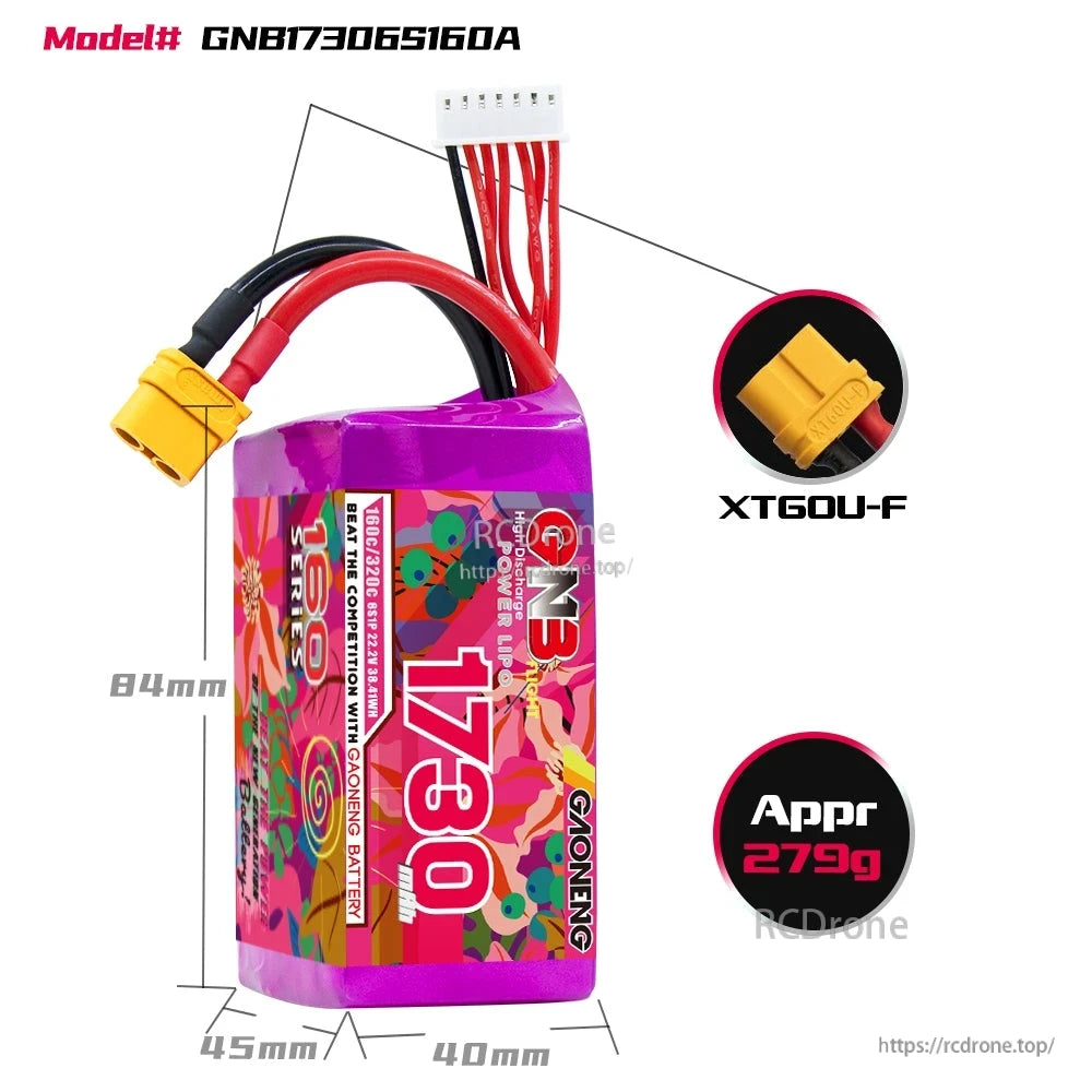 GNB17306S160A battery dimensions diagram with XT60U-F connector close-up and approx 279g weight