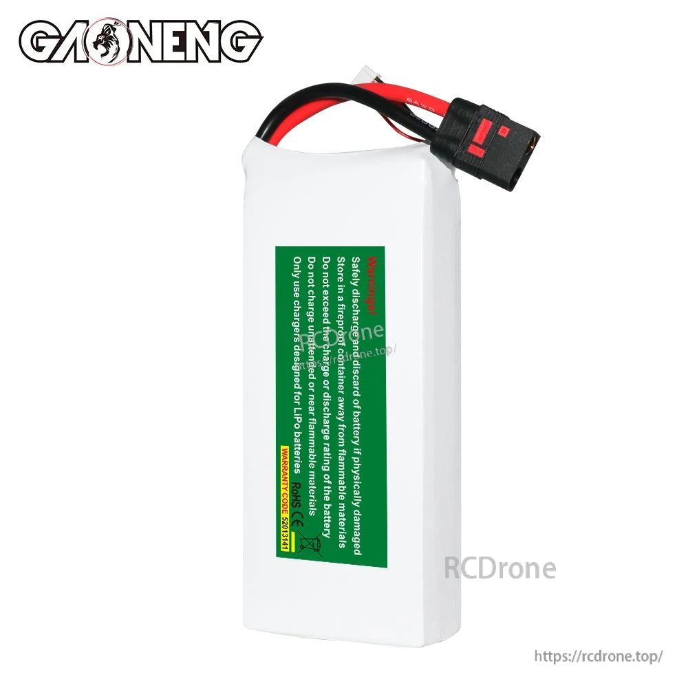 Rear view showing green safety warning label on GAONENG LiPo battery with QS8 connector