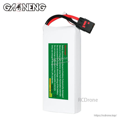 Rear view showing green safety warning label on GAONENG LiPo battery with QS8 connector