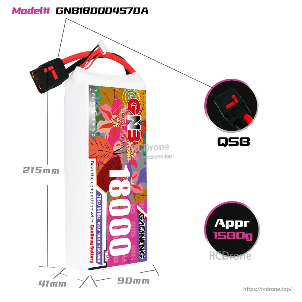 GNB180004S70A battery dimensions diagram with QS8 connector close-up and approx weight