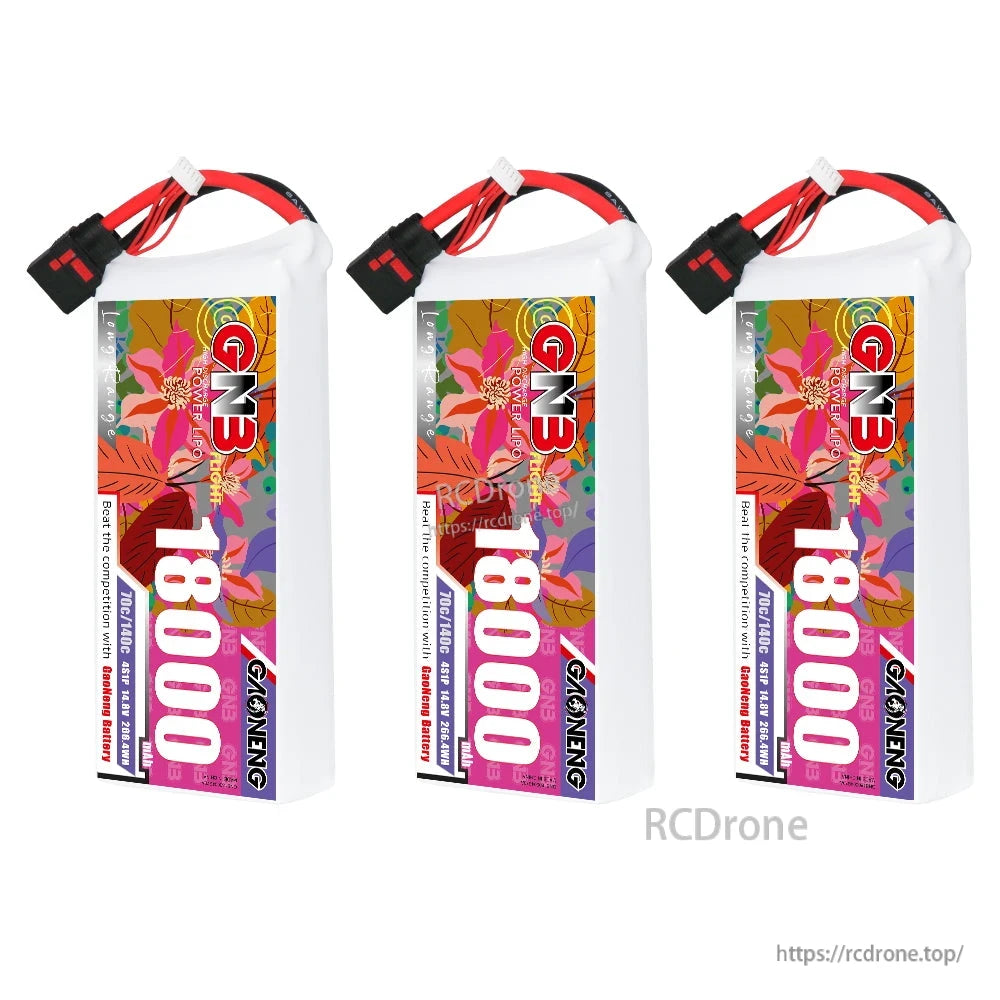 Three GAONENG GNB 18000mAh LiPo batteries shown together, each with QS8 connector leads