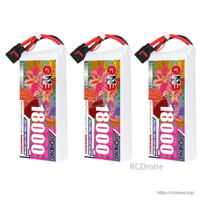 Three GAONENG GNB 18000mAh LiPo batteries shown together, each with QS8 connector leads