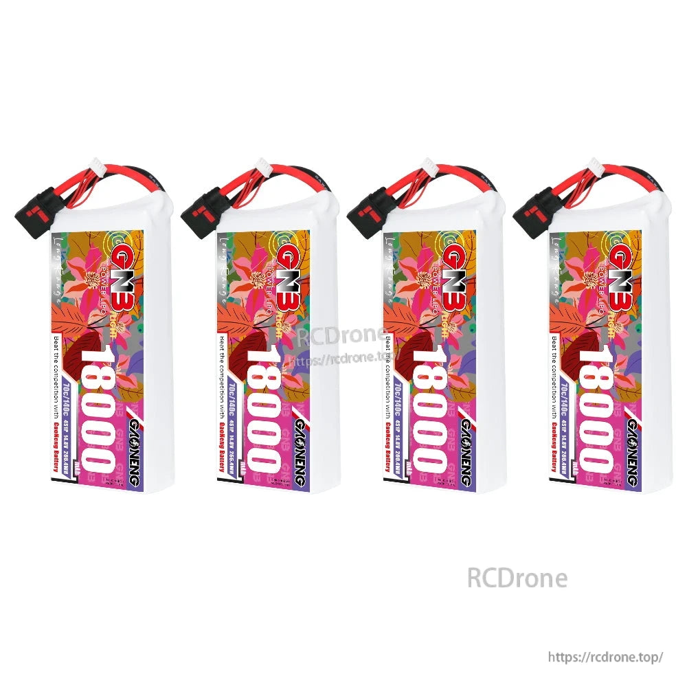 Four GAONENG GNB 18000mAh LiPo batteries lined up, each with QS8 discharge connector