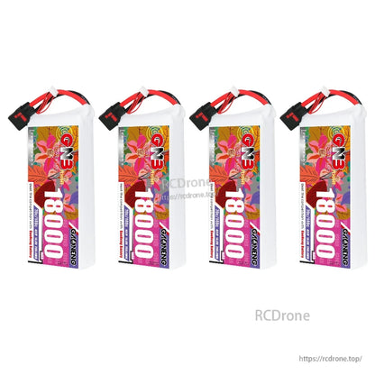 Four GAONENG GNB 18000mAh LiPo batteries lined up, each with QS8 discharge connector