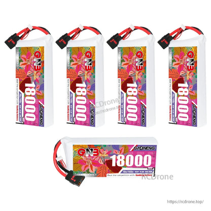 Five GAONENG GNB 18000mAh LiPo batteries shown; four upright and one horizontal with QS8 lead