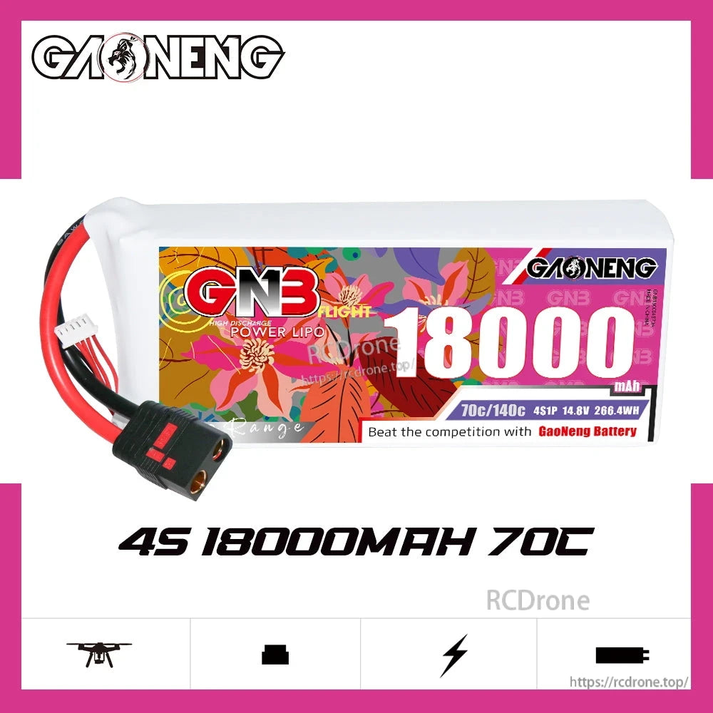 GAONENG GNB 4S 18000mAh 70C LiPo battery product graphic with icons and specs text