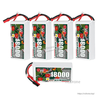 Five batteries shown: four upright and one laying flat, GAONENG GNB 18000mAh with XT150 connectors