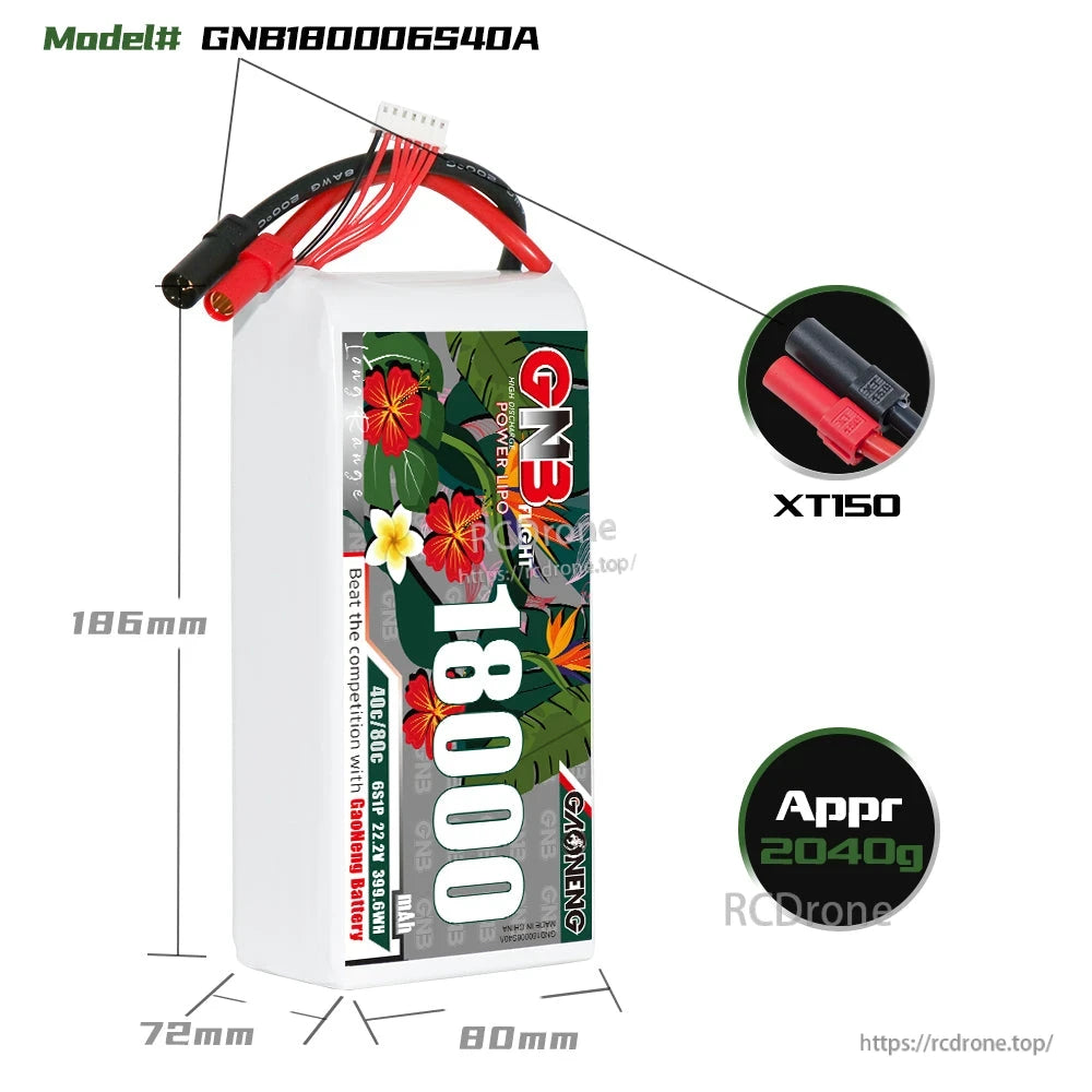 GNB180006S40A battery dimensions diagram (186×72×80 mm) with XT150 connector close-up and weight note