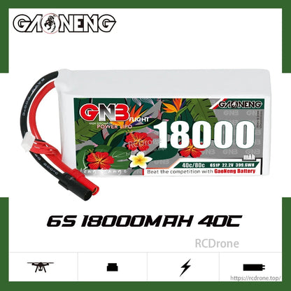 GAONENG GNB 6S 18000mAh 40C LiPo battery promotional graphic with icons and product photo
