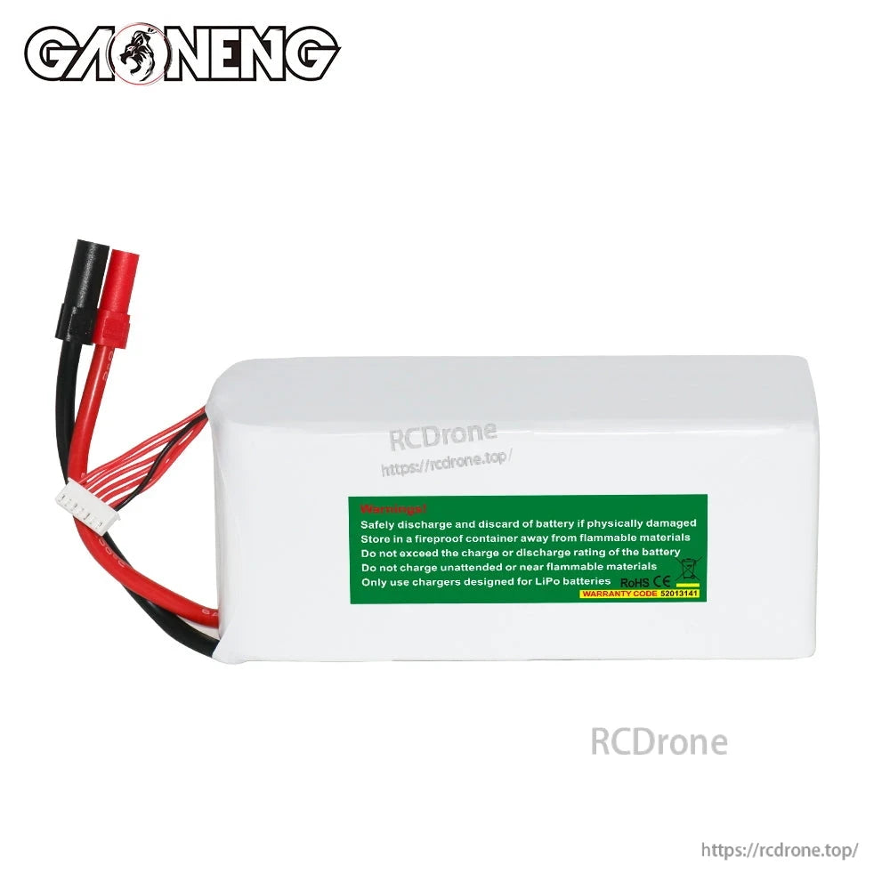 Rear view of GAONENG GNB LiPo pack showing green safety warning label and lead wires