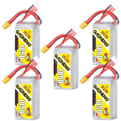 Five GAONENG GNB 1850mAh 4S LiPo batteries grouped together, label side visible with XT60 leads