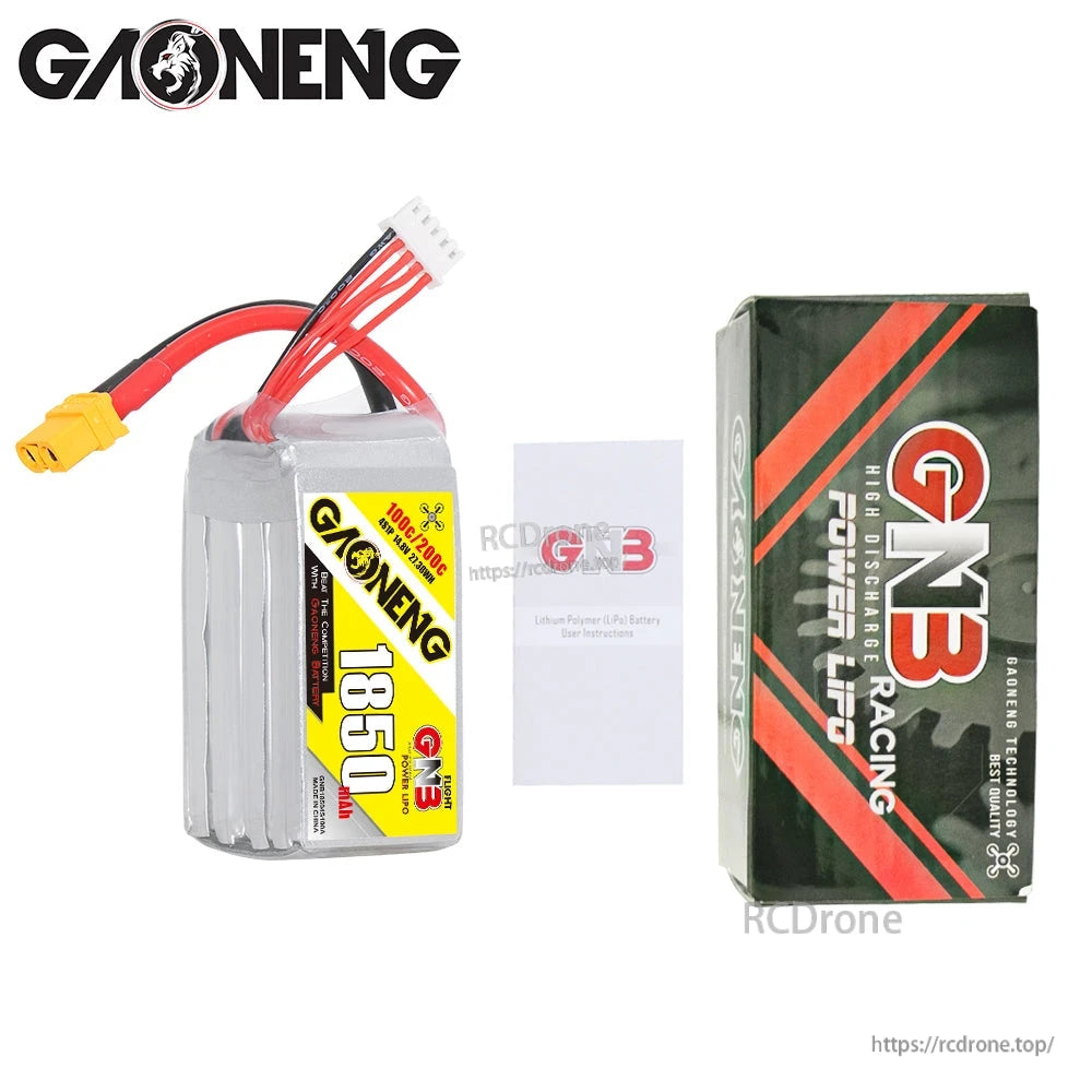 Package contents: GAONENG GNB 1850mAh 4S battery with XT60, GNB retail box, and instruction card