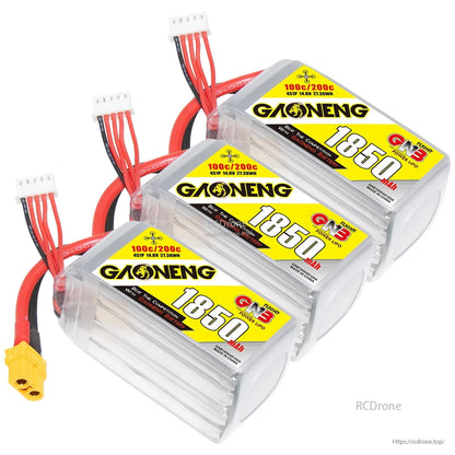 Three GAONENG GNB 1850mAh 4S LiPo batteries stacked, each with XT60 connector and balance lead