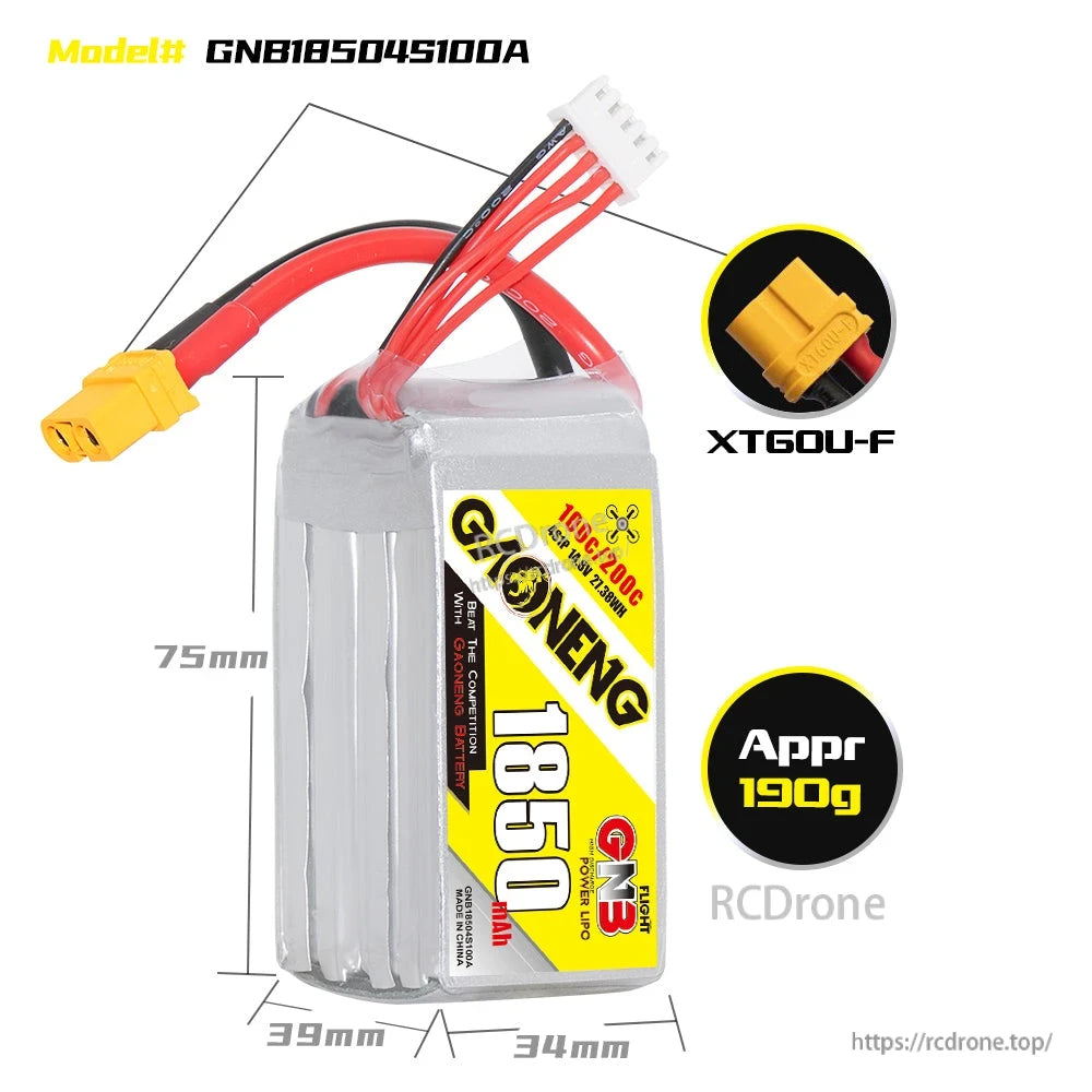 Battery size diagram for GNB18504S100A showing 75mm x 39mm x 34mm and XT60U-F connector, approx 190g