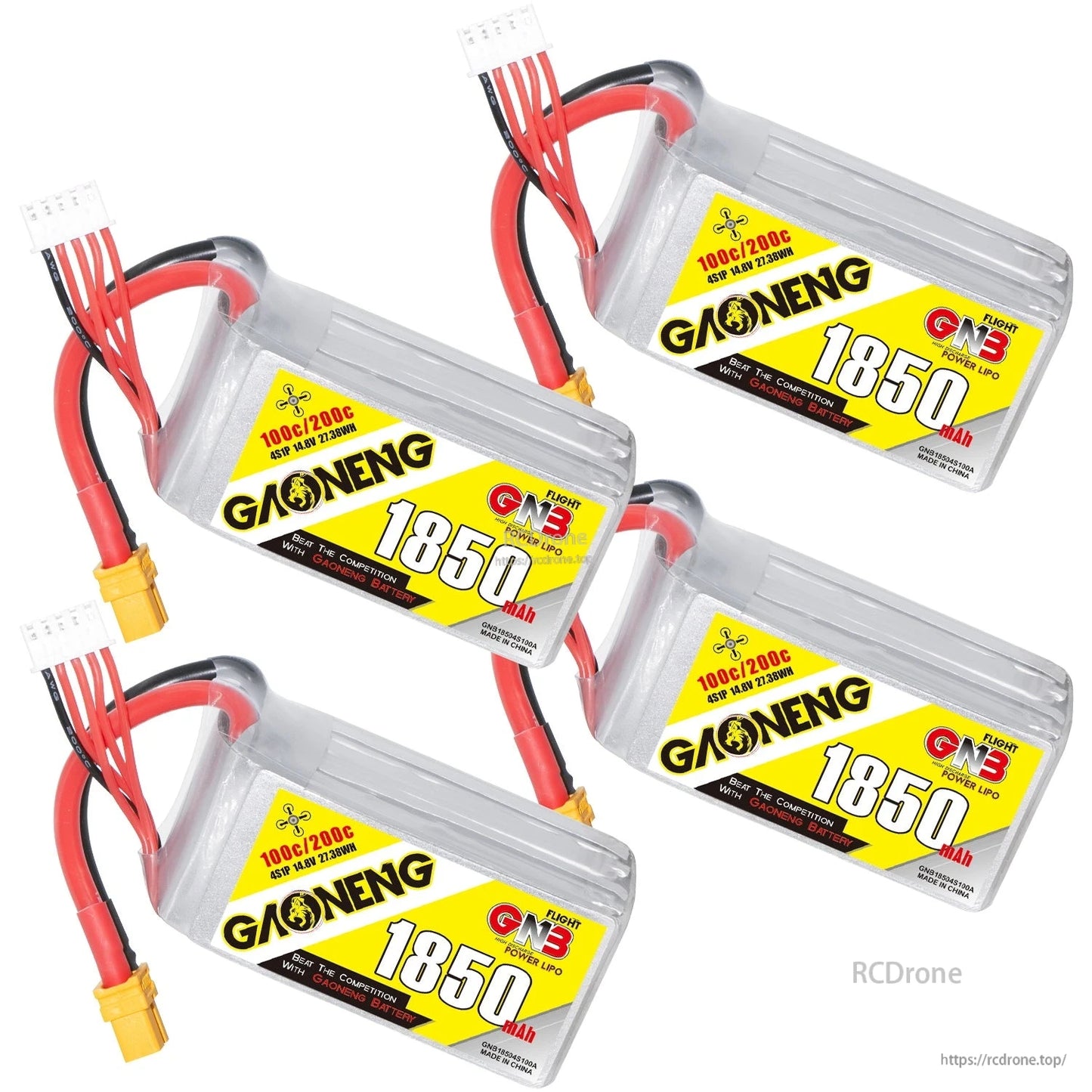 Four GAONENG GNB 1850mAh 4S LiPo batteries arranged diagonally with XT60 connectors and balance plugs