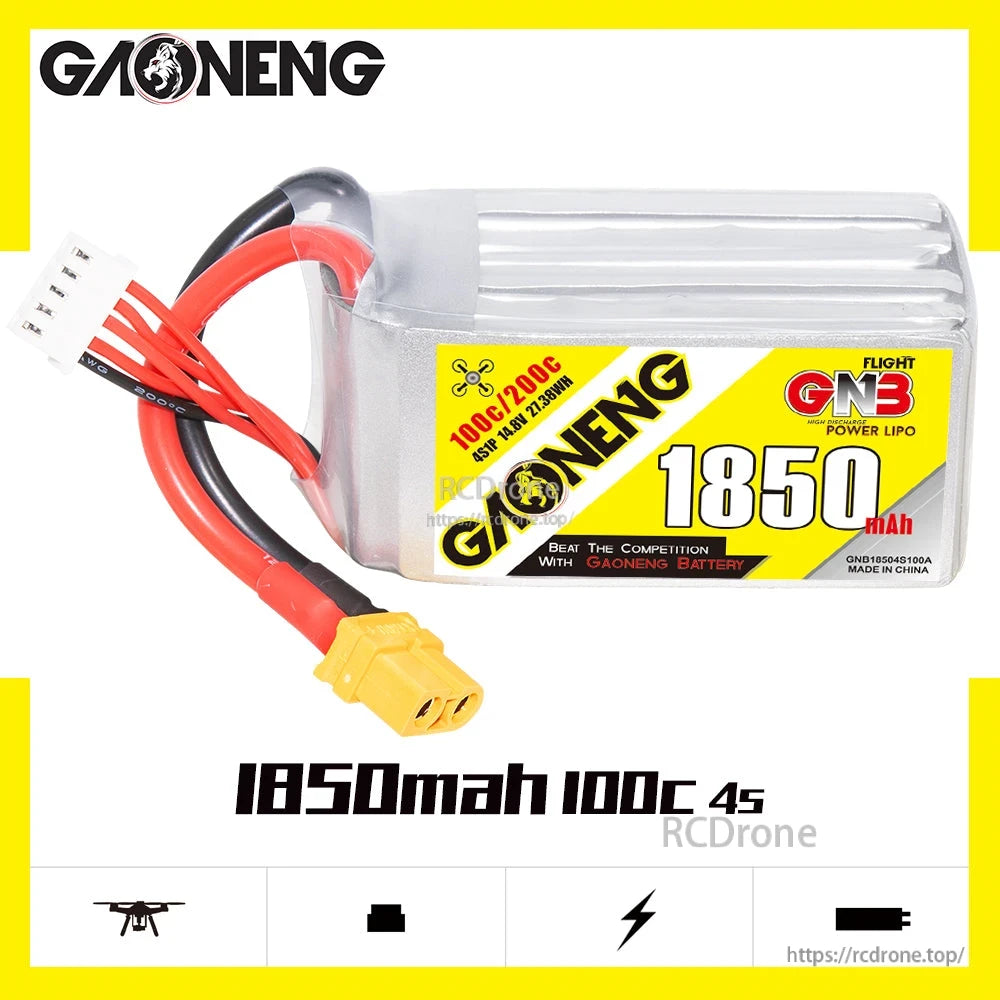 Side view of GAONENG GNB18504S100A 4S 1850mAh 100C graphene LiPo battery with XT60 connector