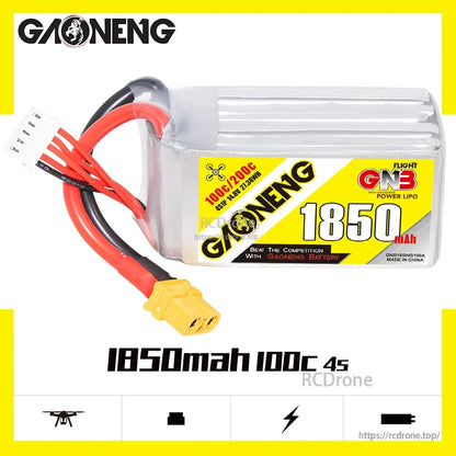 Side view of GAONENG GNB18504S100A 4S 1850mAh 100C graphene LiPo battery with XT60 connector