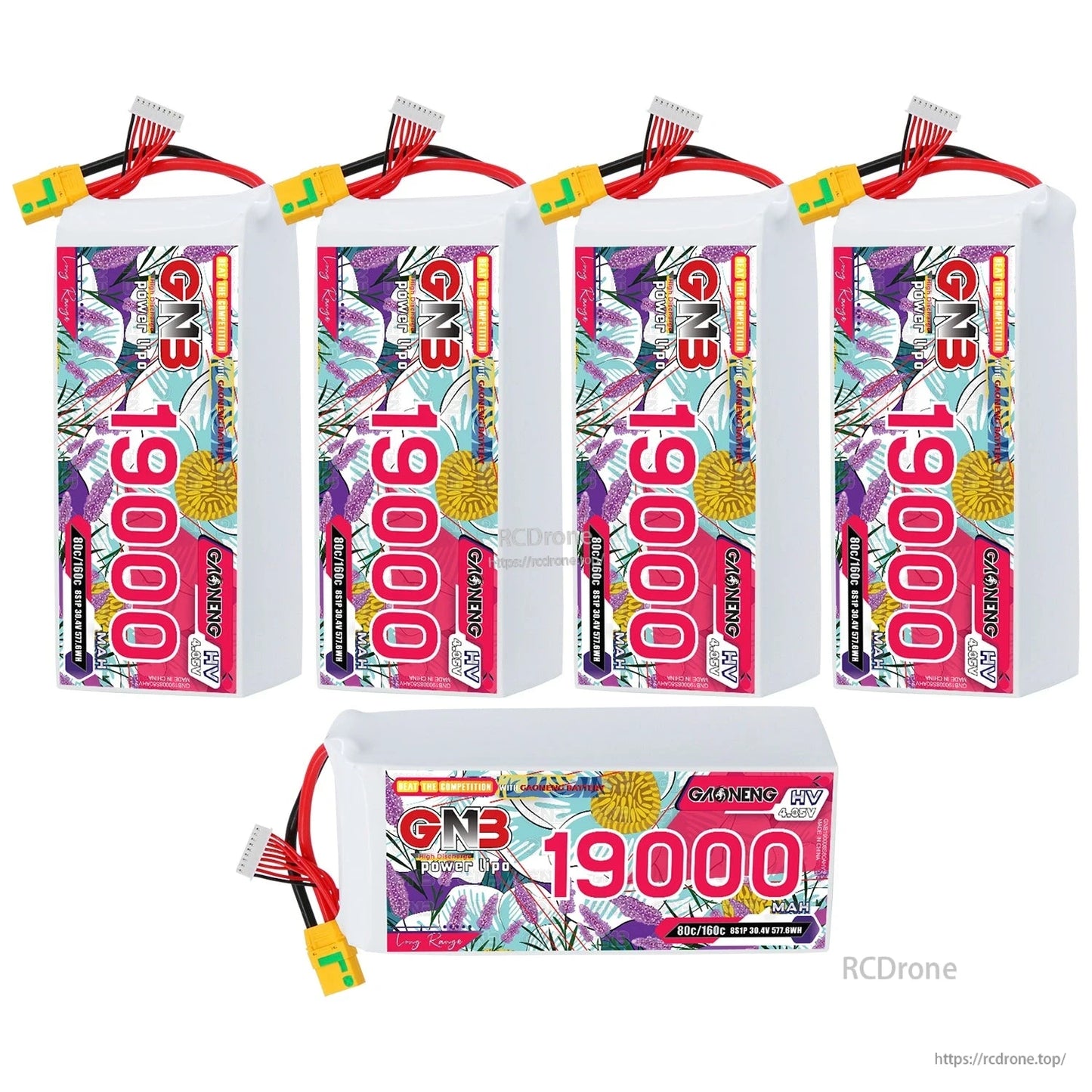 Five-pack set of GAONENG GNB 19000mAh HV LiPo batteries, four upright plus one horizontal