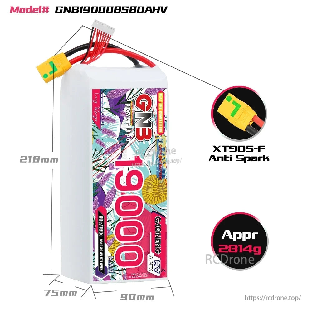 GNB190008S80AHV battery size diagram with dimensions and XT90S-F anti-spark connector close-up