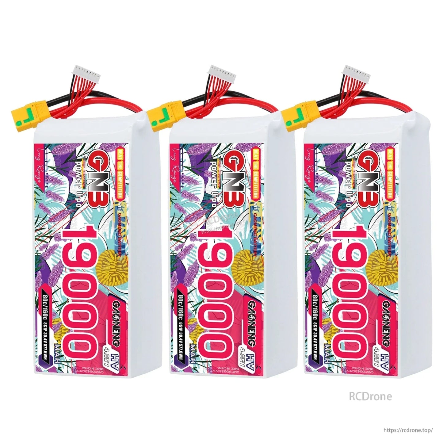 Three GAONENG GNB 19000mAh HV LiPo battery packs shown upright with XT90S connectors