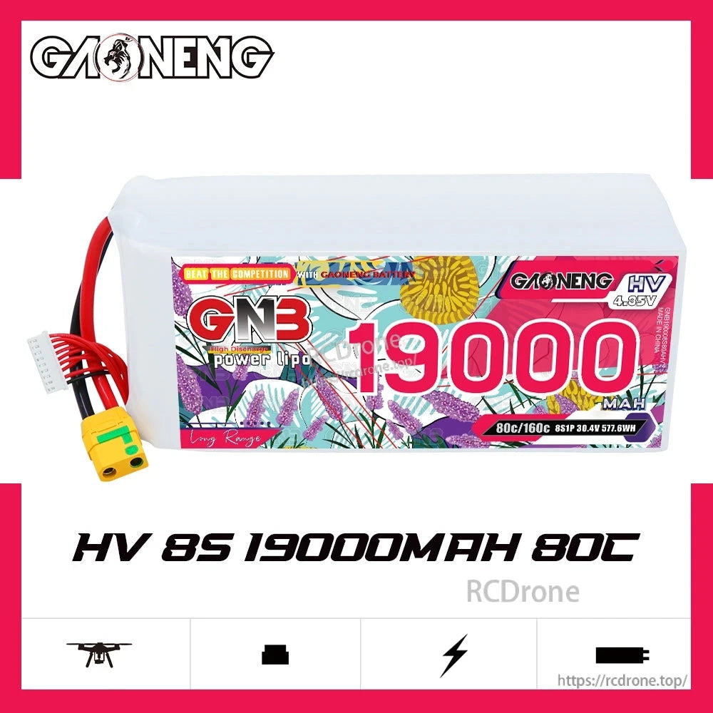 GAONENG GNB HV 8S 19000mAh 80C LiPo battery pack product graphic, side label view with leads