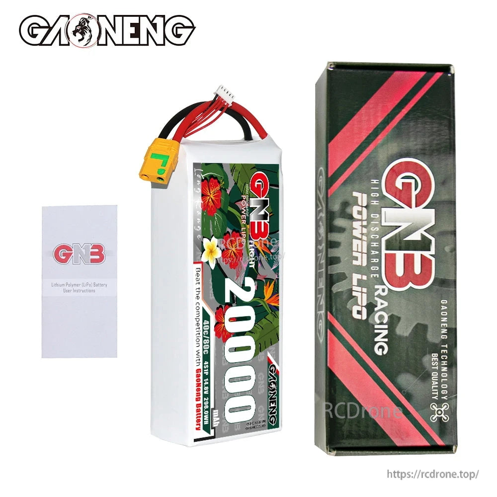 Package contents: GNB 20000mAh battery, retail box, and user manual leaflet