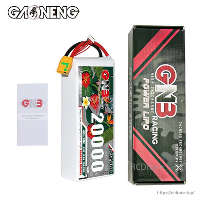 Package contents: GNB 20000mAh battery, retail box, and user manual leaflet