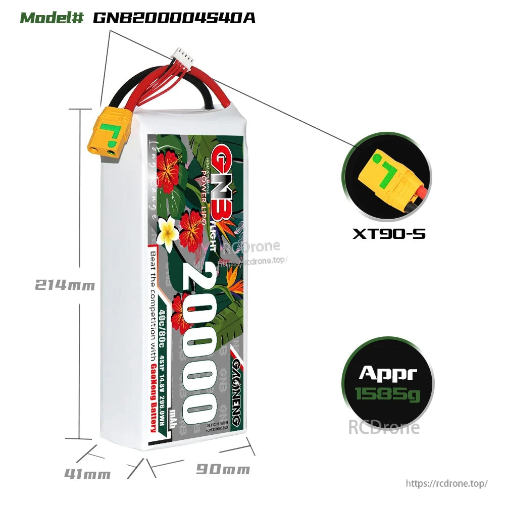 Battery dimensions diagram for model GNB200004S40A showing 214 x 90 x 41 mm and XT90-S plug