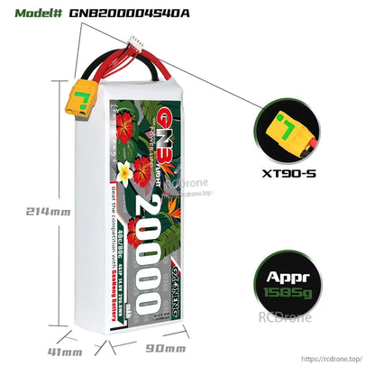 Battery dimensions diagram for model GNB200004S40A showing 214 x 90 x 41 mm and XT90-S plug