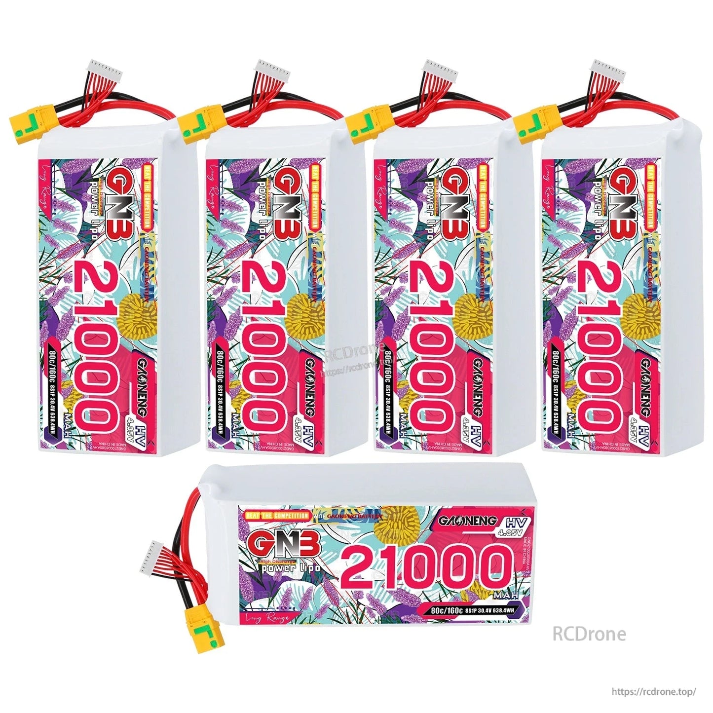 Bundle layout: four upright GNB 21000mAh packs plus one battery shown horizontally in front